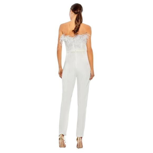Mac Duggal Size 2 NEW Style 68146 White Strapless Jumpsuit Feather Trim Dressy - Picture 2 of 10